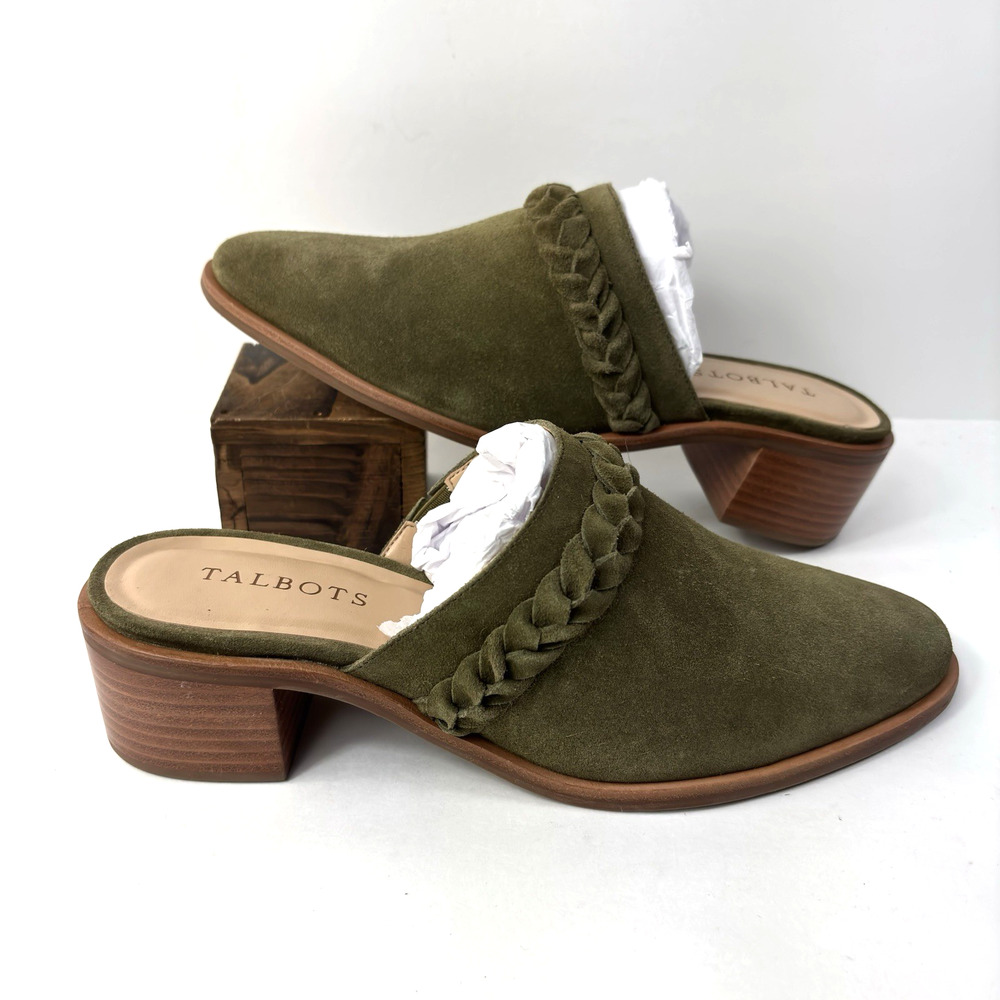 Talbots Maddie Suede Leather Braid Green Mules Slip On Sz 9 Stacked Heel Shoes